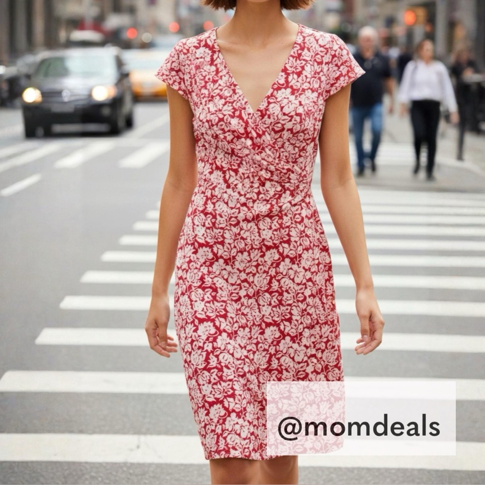 Lauren Ralph Lauren Berry Red Cream White Floral Print Fitted Dress Size 6 NWT